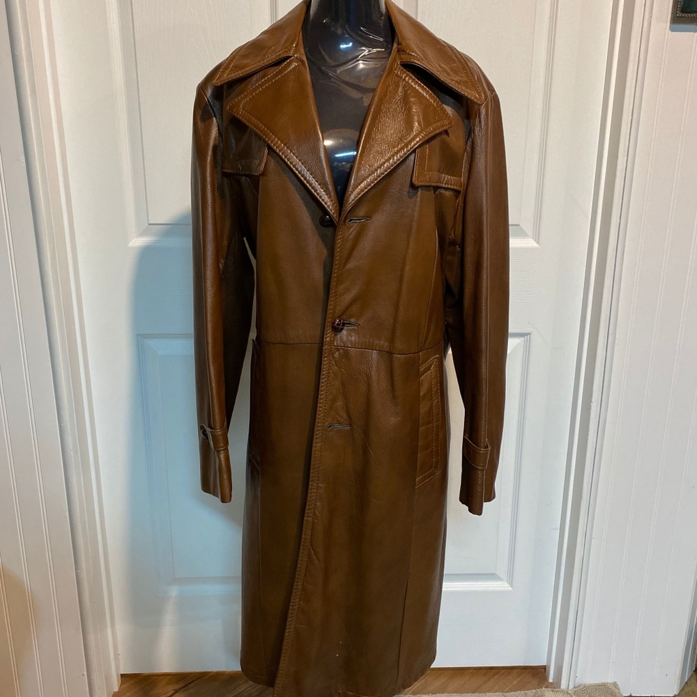 Men's Brown Trench Leather Long Coat Size M